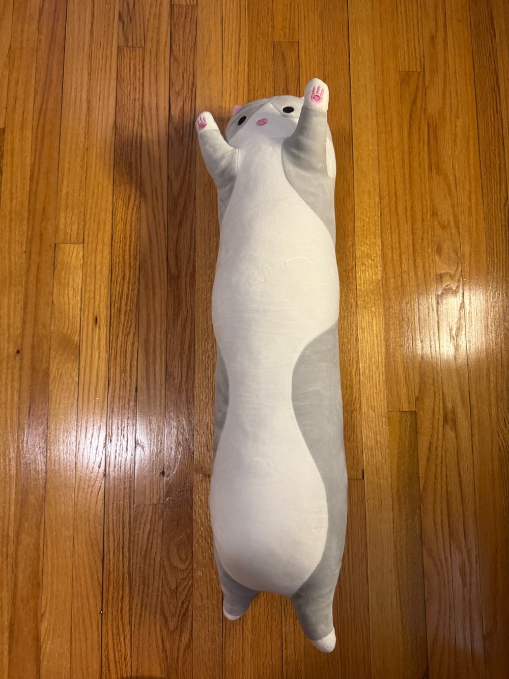 Long Gray Cat Plush | Soft Cuddle Pillow | Gray & White